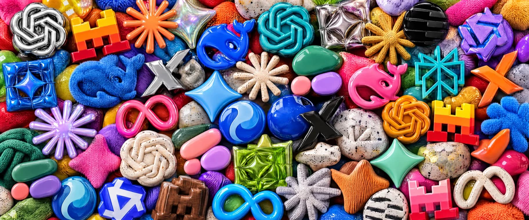 Dicht gepackte dreidimensionale Marken grosser Sprachmodelle, jede in einem anderen Material